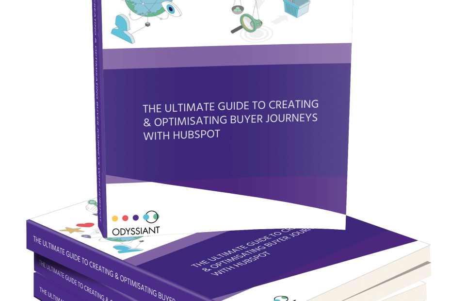 Stack of copies of the Ultimate Guide to Creating & Optimising Buyers Journeys with Hubspot book